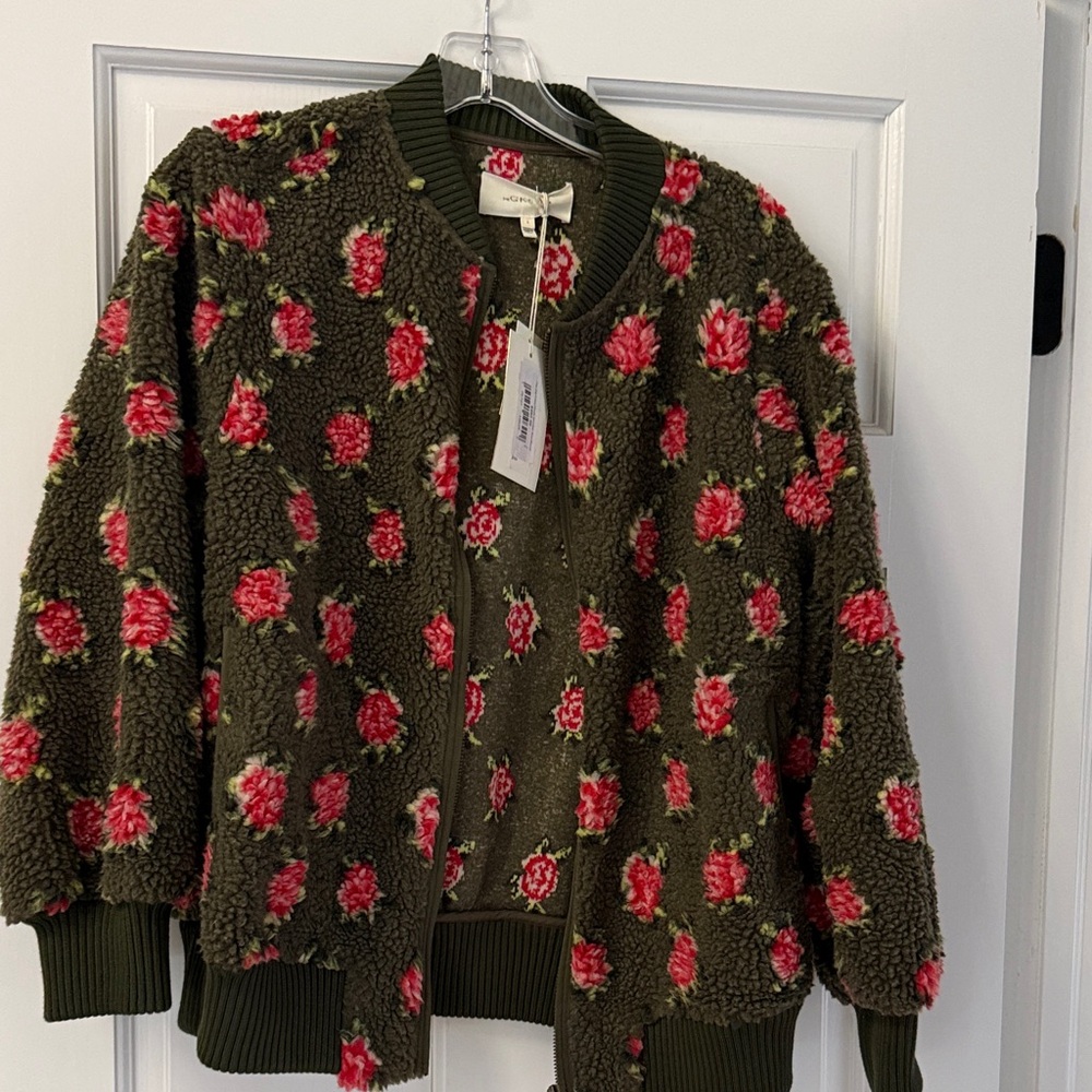 THE GREAT. Olive Teddy Jacket with Pink Rose Print